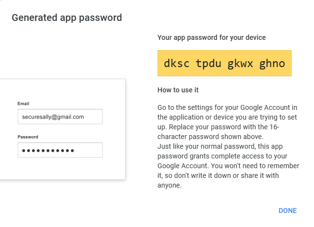 Screenshot of a generated Google app password