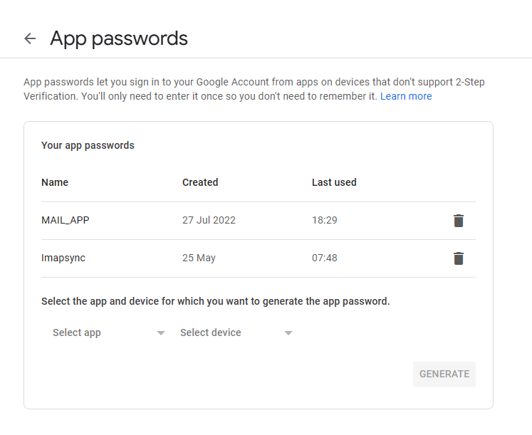 Screenshot of Google's app passwords page