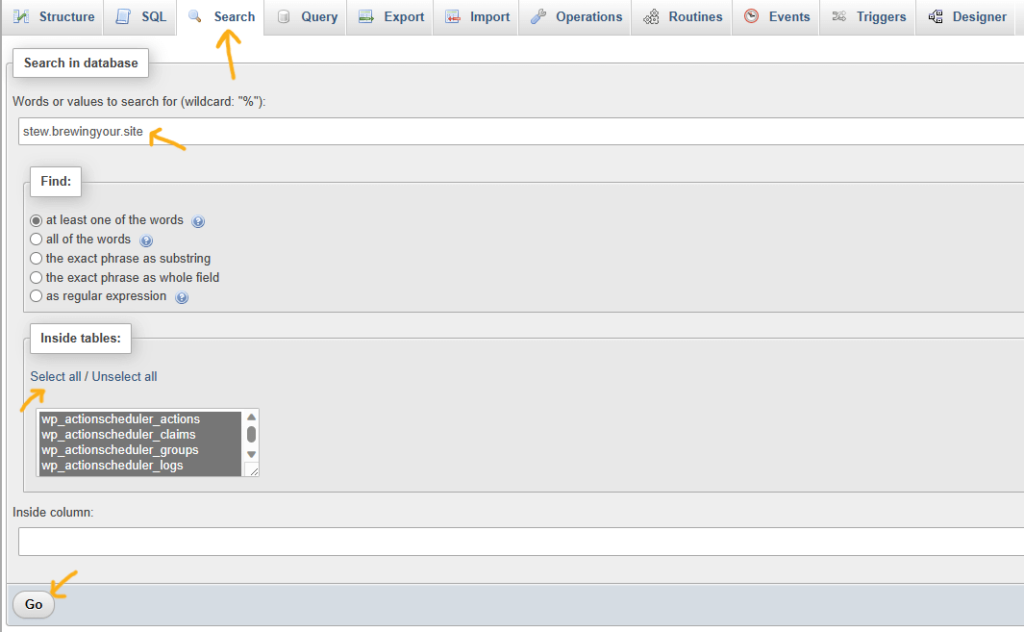 Searching database in phpMyAdmin